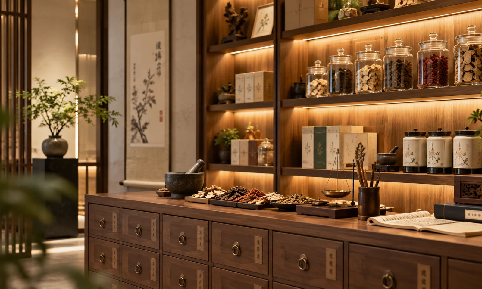 Herbal teas and wellness products displayed in a TCM setting