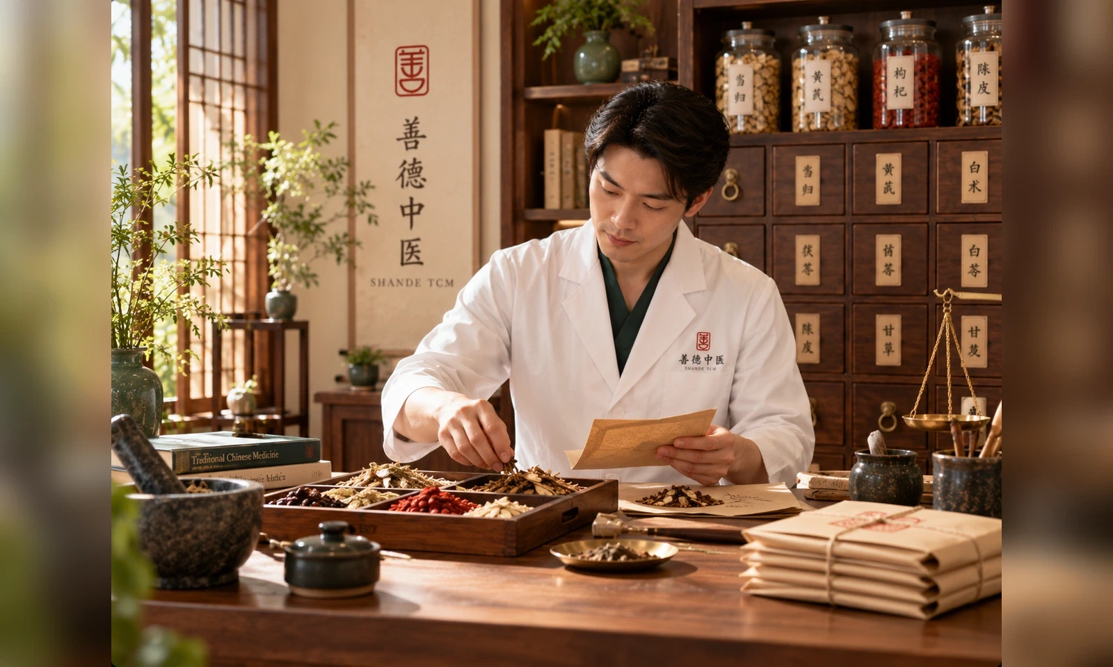 Chinese herbal medicine preparation in an apothecary room