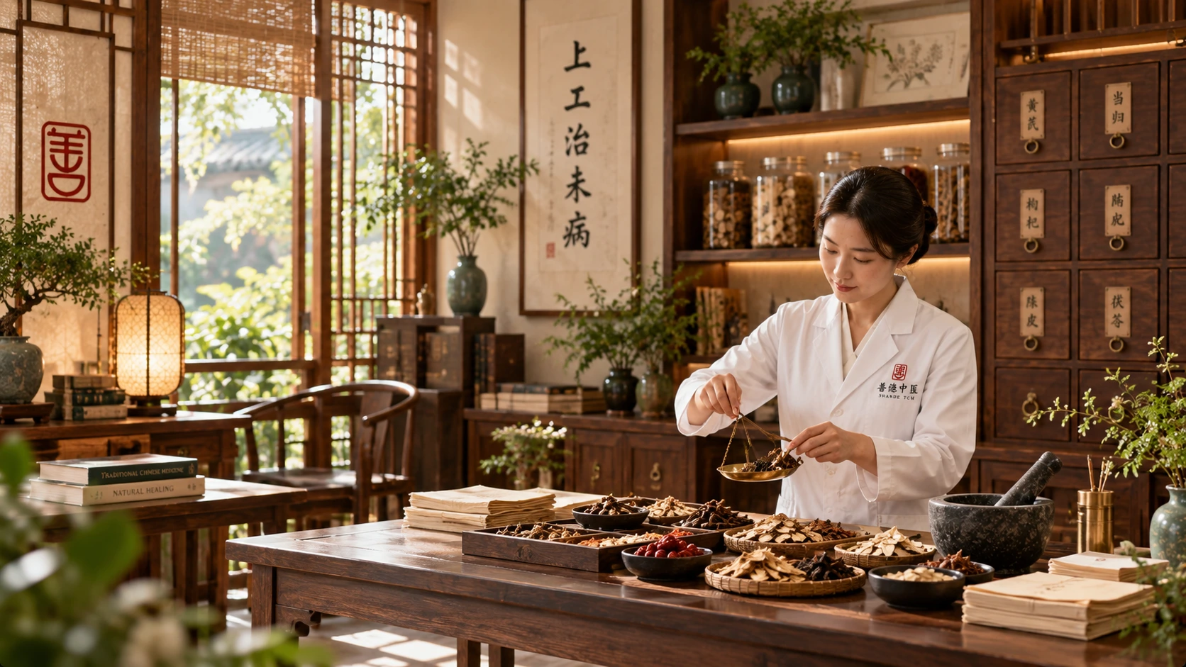 Traditional Chinese medicine apothecary workspace