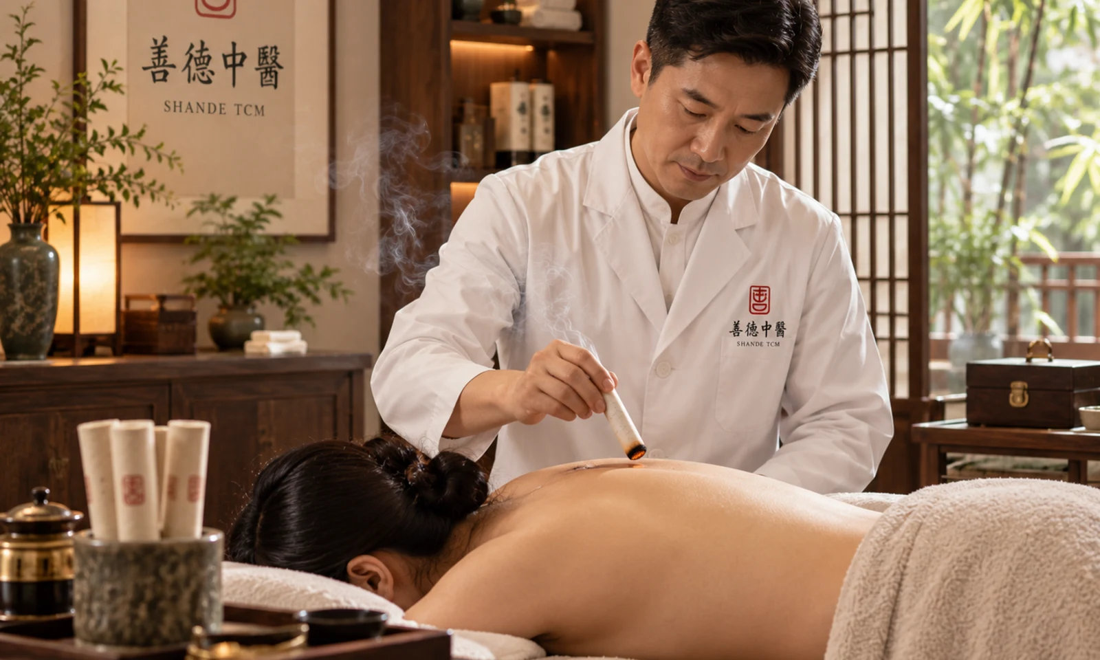 Moxibustion treatment in a dedicated treatment room