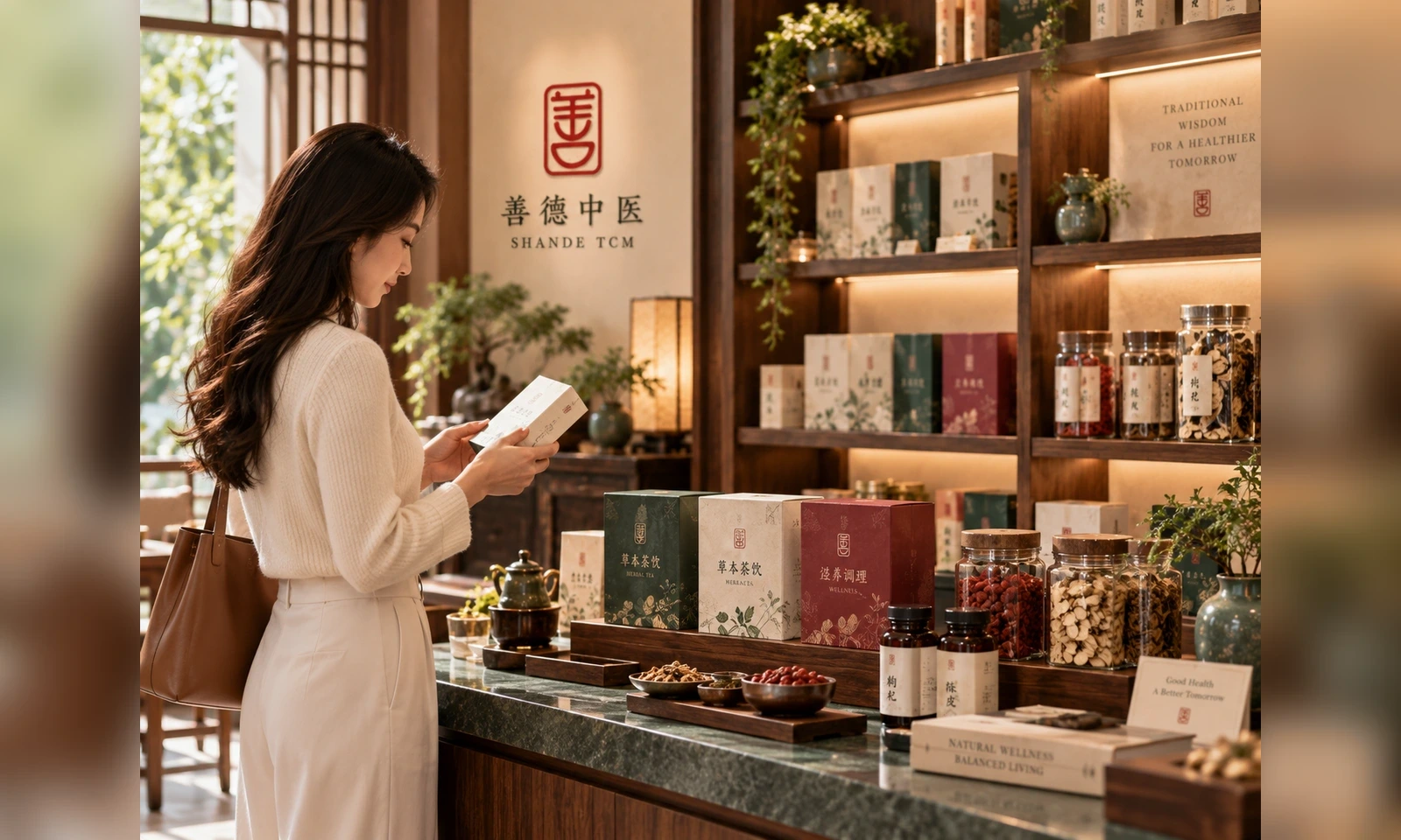 TCM wellness products in a dedicated herbal boutique